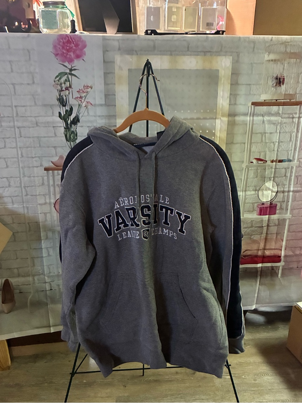 Aeropostale Gray Varsity Pullover Hoodie with Navy Accents